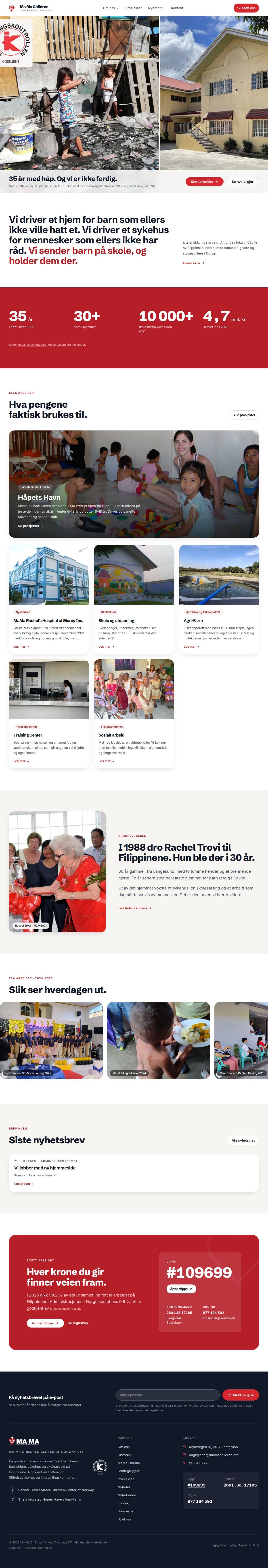 Hele forsiden til mamachildren.org fra hero til footer.