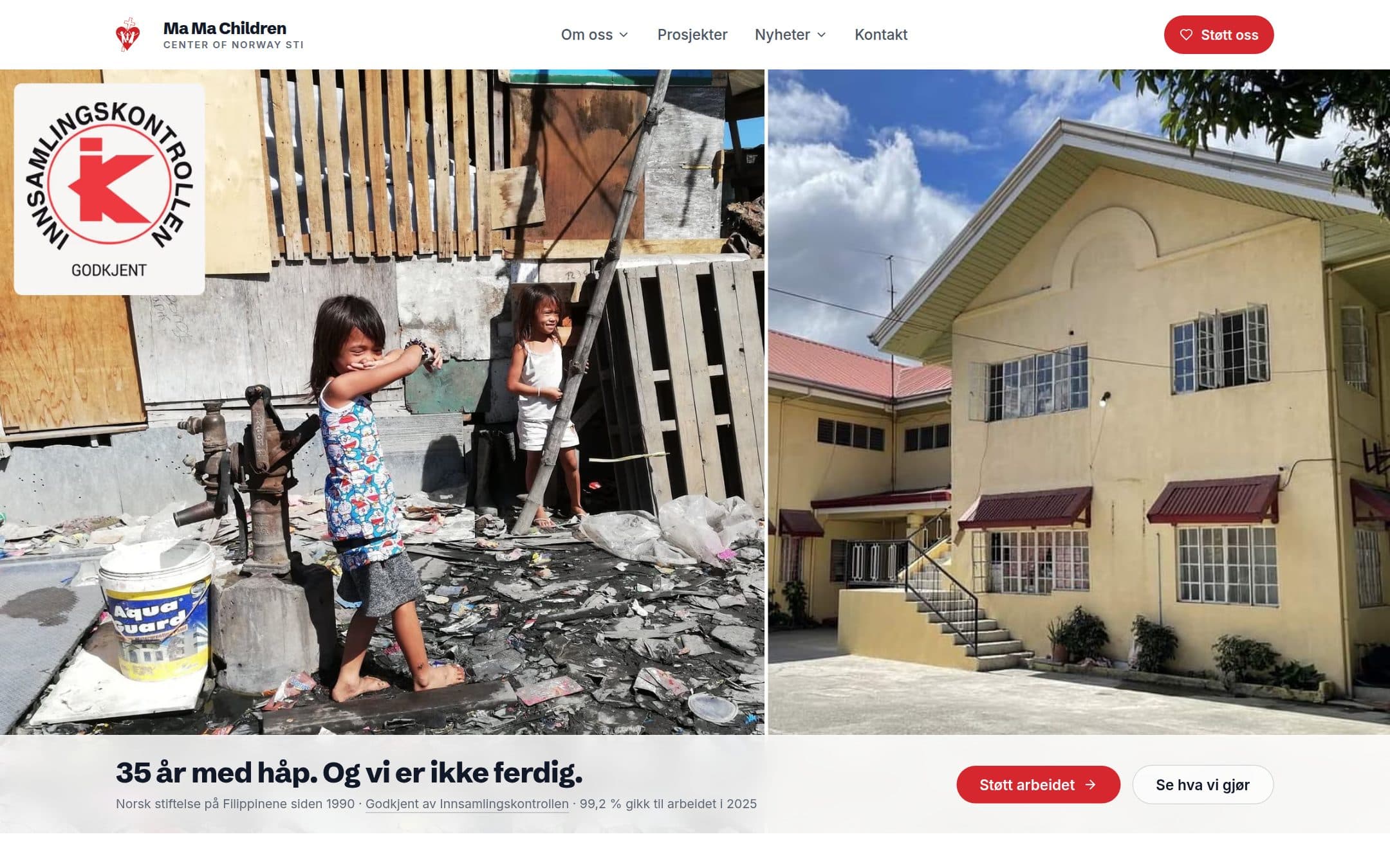 Forsiden til mamachildren.org med hero-bilder fra Filippinene og knappen Støtt arbeidet.